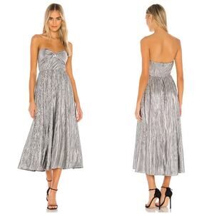 Lovers + Friends Tanya Midi Dress Silver Small Metallic Pleated Rhinestone Strap